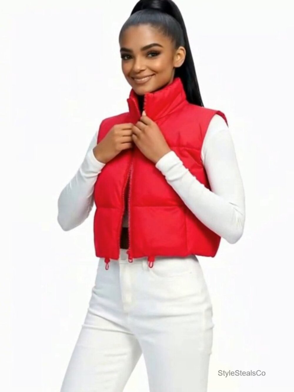 Lightweight Puffer Vest with High Collar, Adjustable Hem, Sleeveless Crop Gilet - Picture 7 of 7